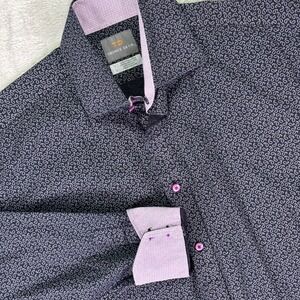 Thomas Dean Men's Dress Shirt L Black Paisley Pattern Pink Buttons Long Sleeve